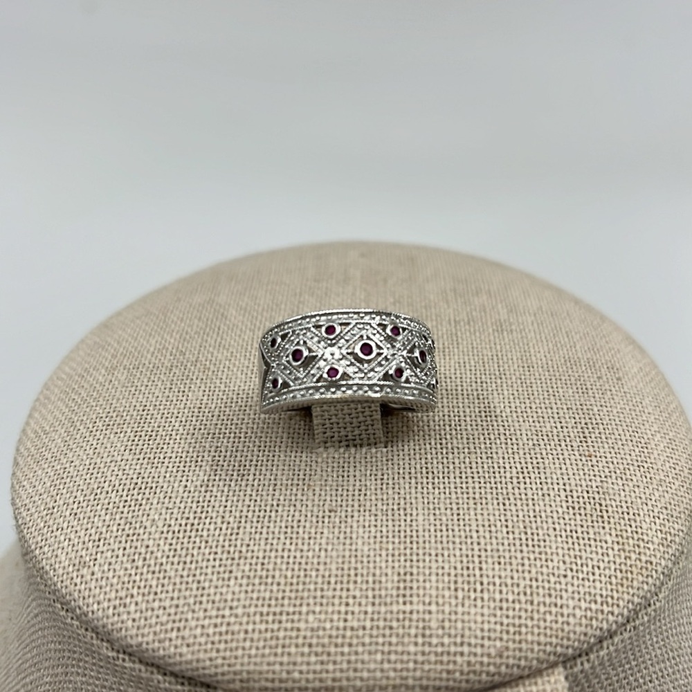 Vintage HJS 925 Sterling Silver Filigree Garnet Ruby Band Ring Size 5 Korea - Picture 3 of 15